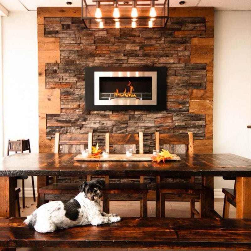 The bio flame lorenzo 45-inch built-in wall mounted ethanol fireplace installed in a dining room with a dog in the picture