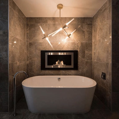 The bio flame lorenzo 45-inch built-in wall mounted ethanol fireplace installed in a luxury bathroom