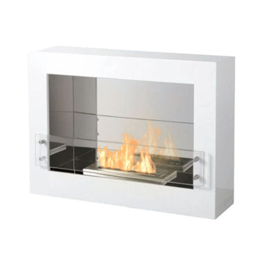 The bio flame rogue 2.0 36-inch free standing see-through ethanol fireplace close up in white