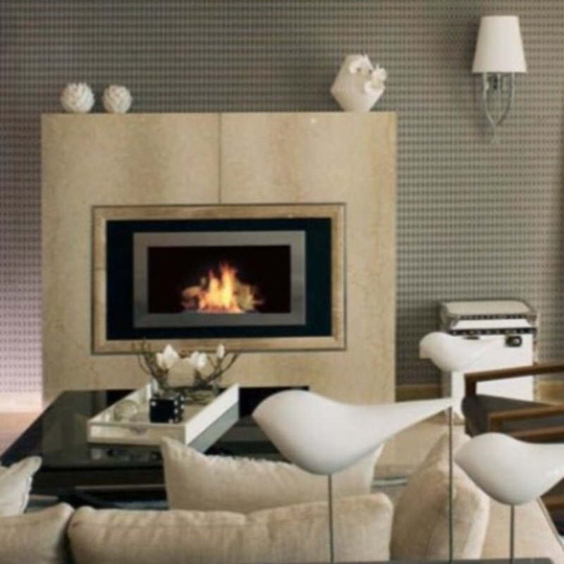 The bio flame lorenzo 45-inch built-in wall mounted ethanol fireplace installed in a living room