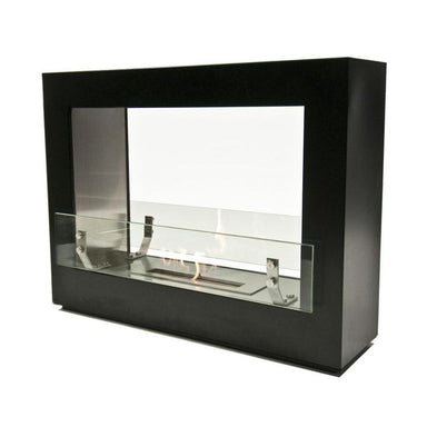 The bio flame rogue 2.0 36-inch free standing see-through ethanol fireplace close up in black finish